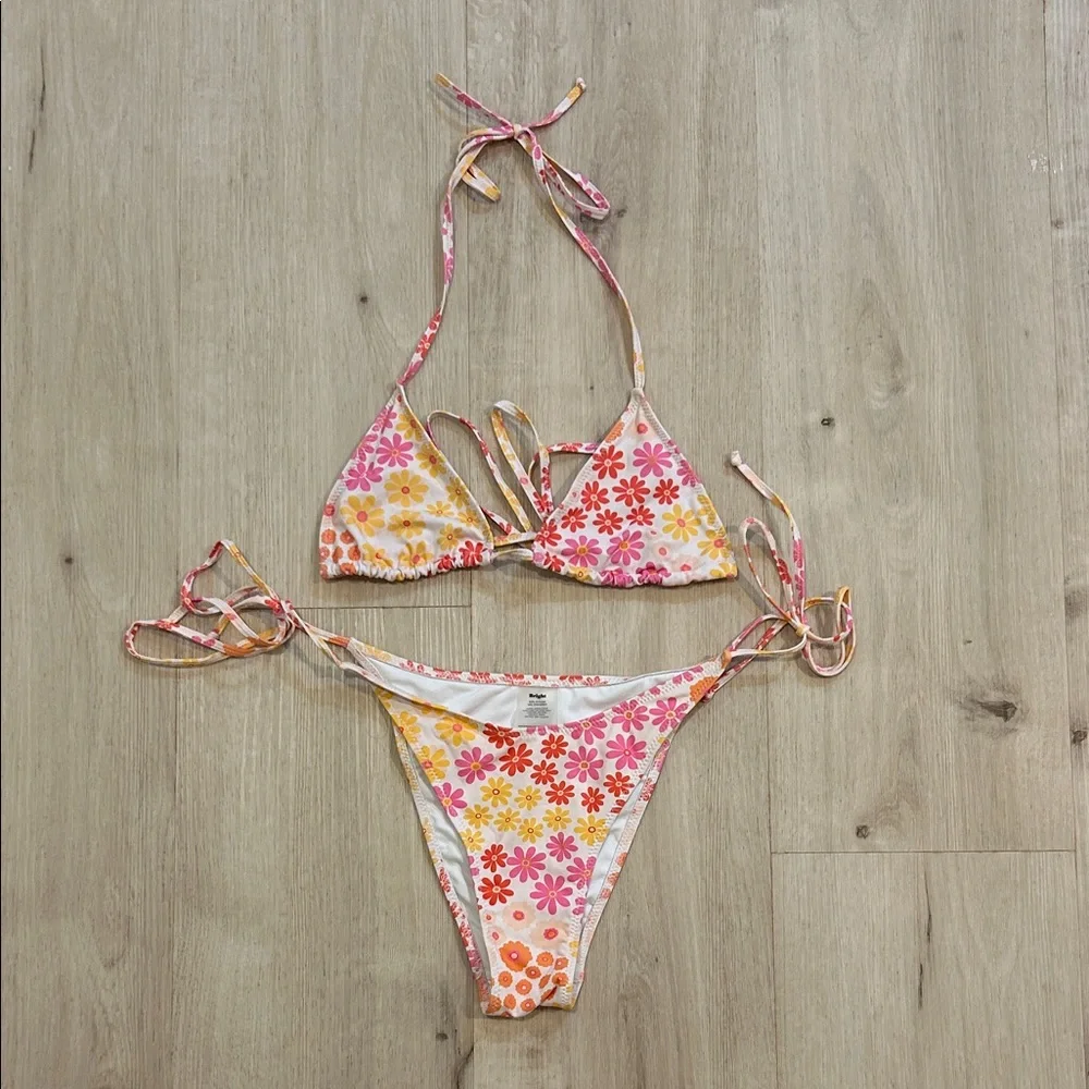 Bright swimwear Floral string Bikini Set in Pink and Orange - Picture 1 of 8